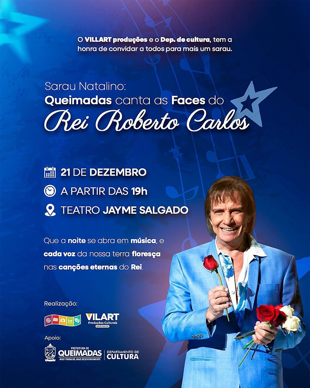 Sarau Natalino: Queimadas canta as Faces do Rei Roberto Carlos - será realizado no próximo dia 21/12