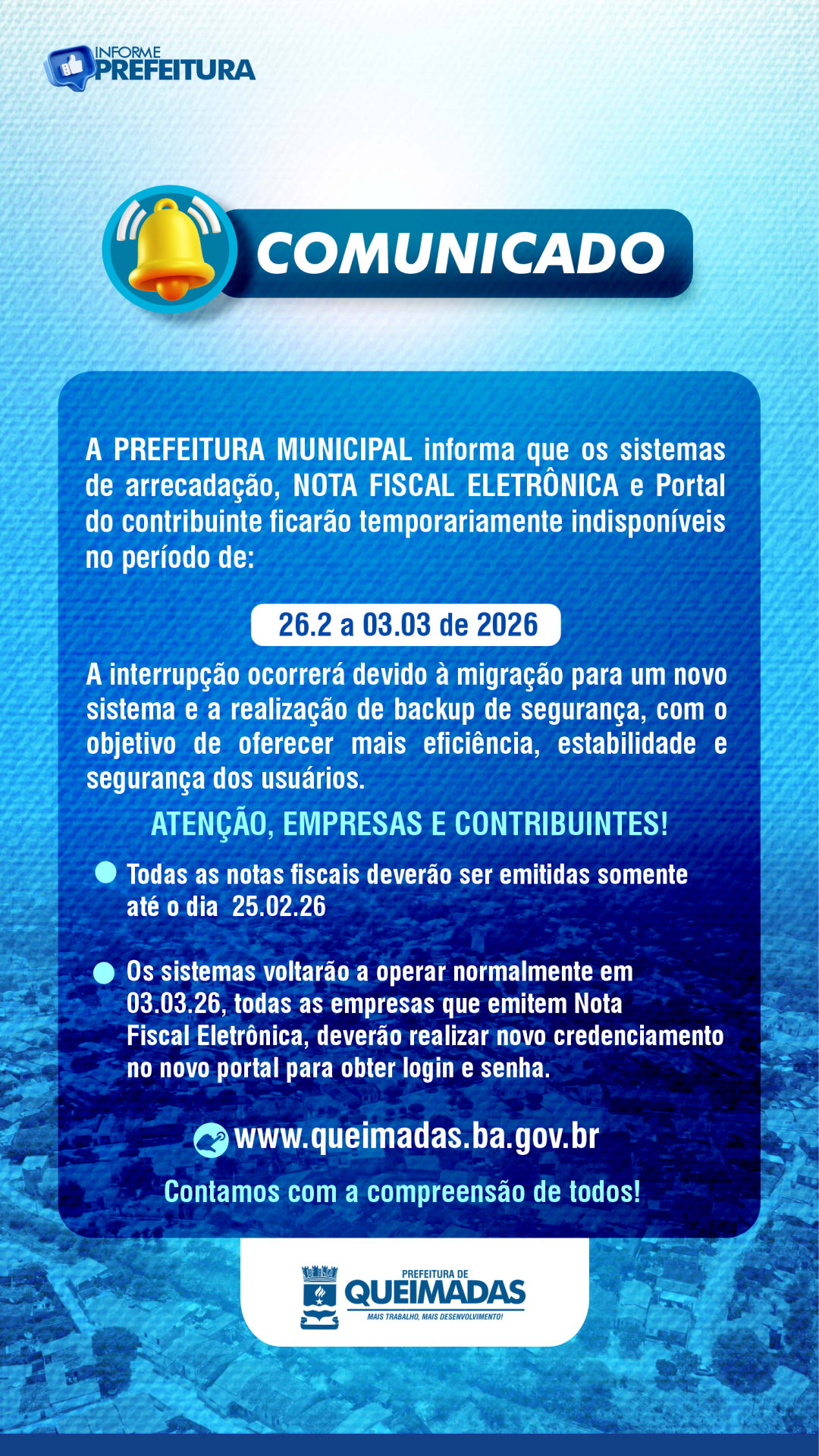 INFORME PREFEITURA - COMUNICADO DE INDISPONIBILIDADE TEMPORÁRIA DE SISTEMAS